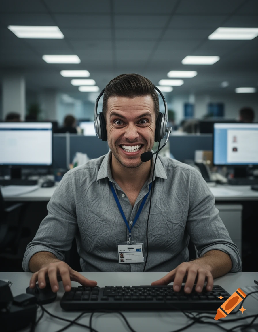 Photorealistic portrait of a man in an office wearing a headset and a lanyard, grinning evilly at the camera.