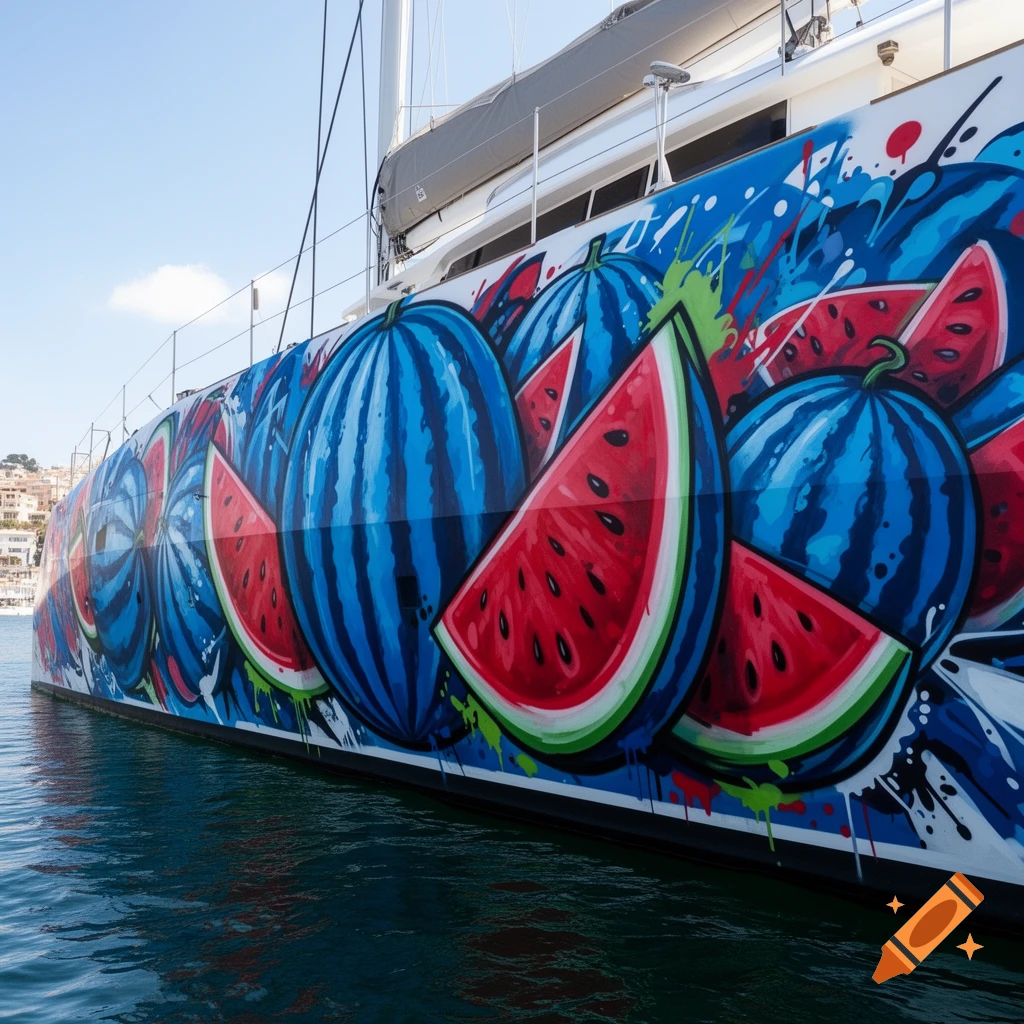 A large catamaran hull painted with vibrant blue and red graffiti art of sliced watermelons, floating on water.