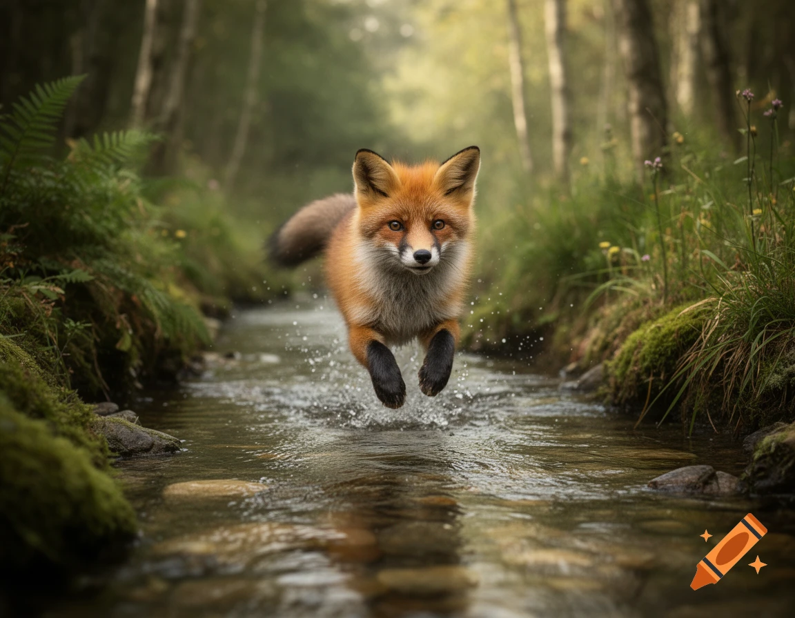 Photorealistic image of a cute red fox mid-jump over a shallow stream in a lush green forest.