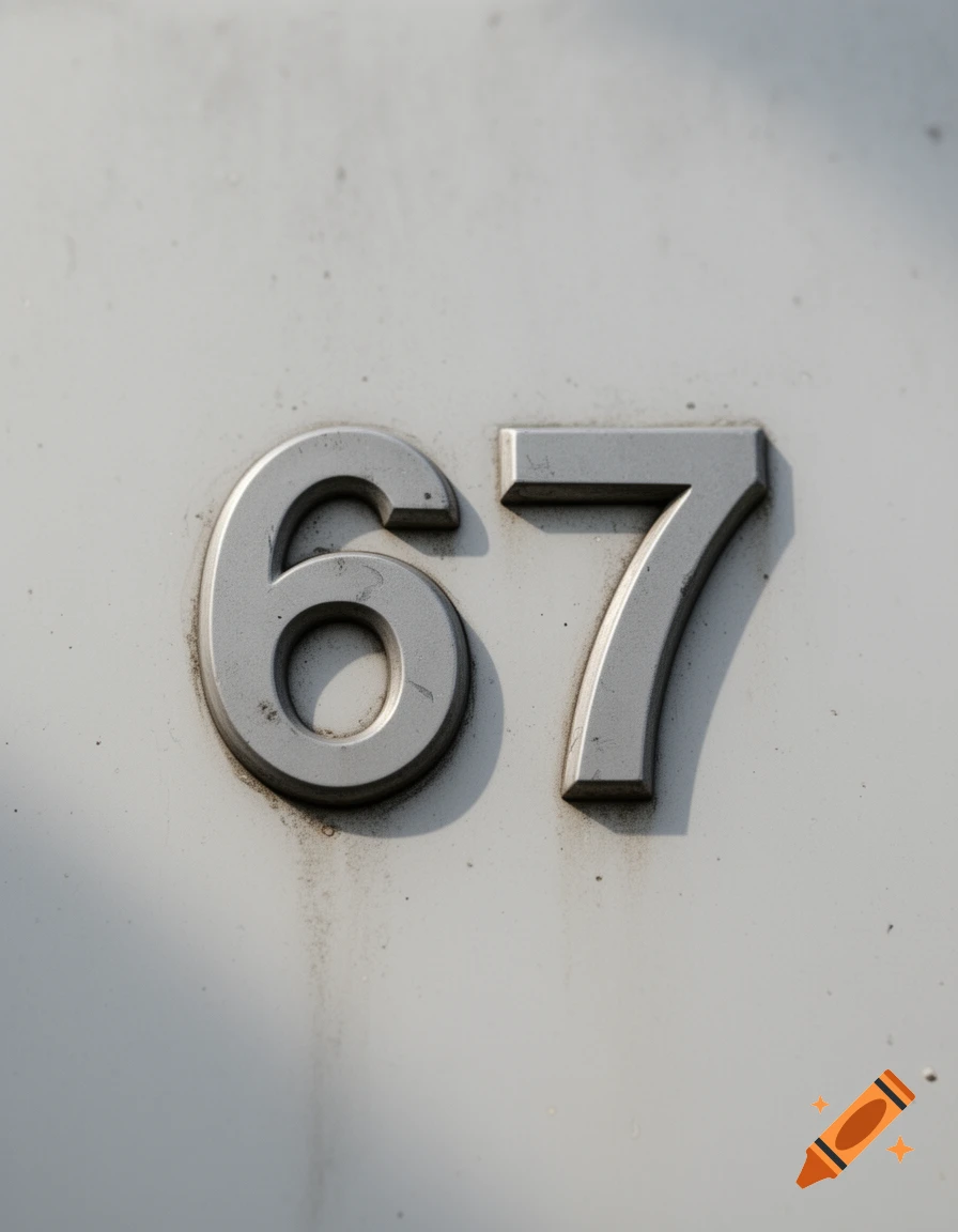 Close-up of the numbers 67 in raised silver metal against a white wall.