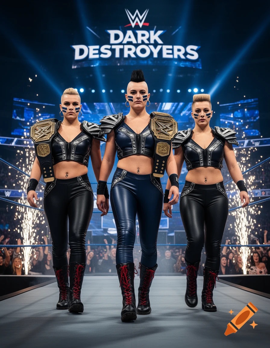 Three female wrestlers in black outfits and face paint walking down a ramp with championship belts, WWE arena setting.