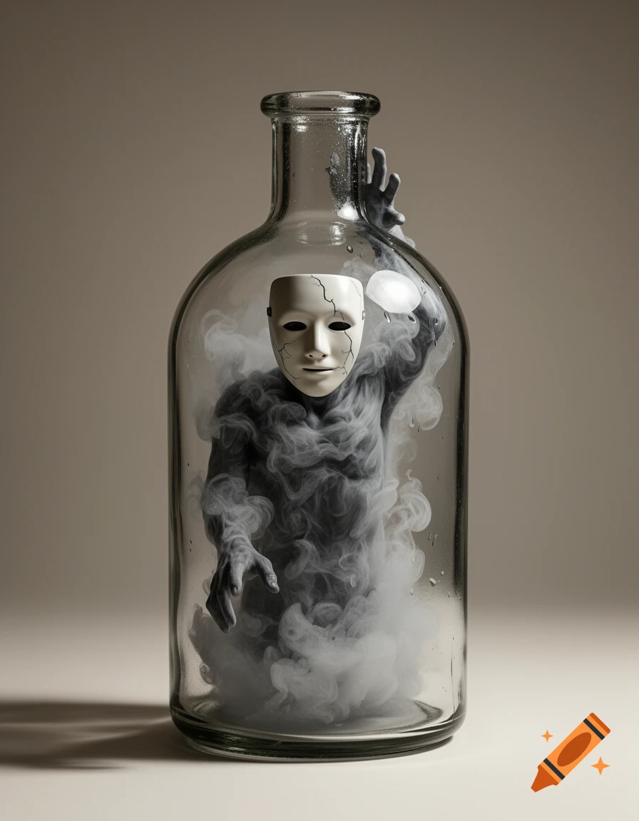 A photorealistic glass bottle containing a smoky humanoid figure with a cracked white mask, trying to escape.
