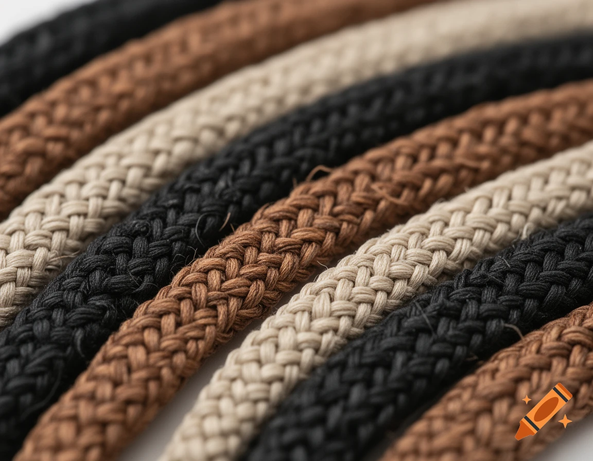 Macro photograph of braided jewelry cords in black, brown, and beige arranged diagonally.