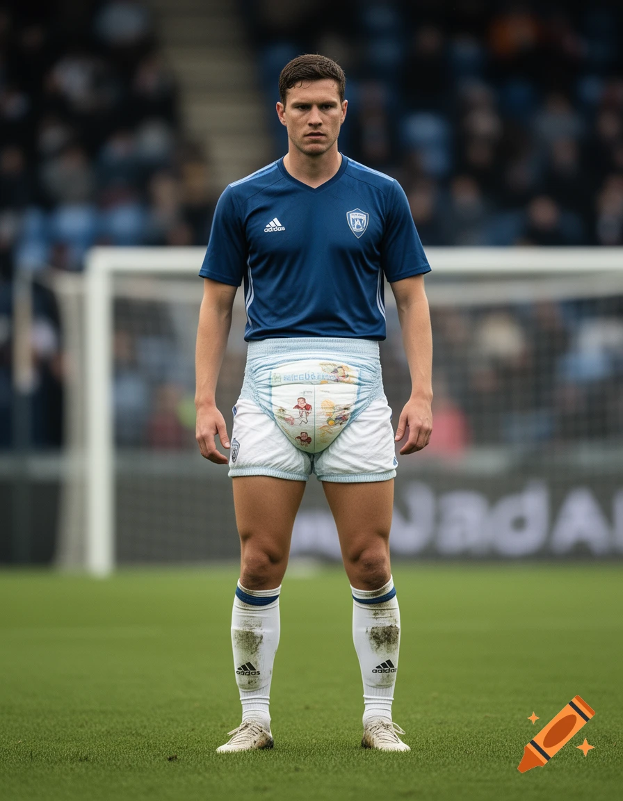 Photorealistic image of a male soccer player standing on a field wearing a large diaper under his shorts.