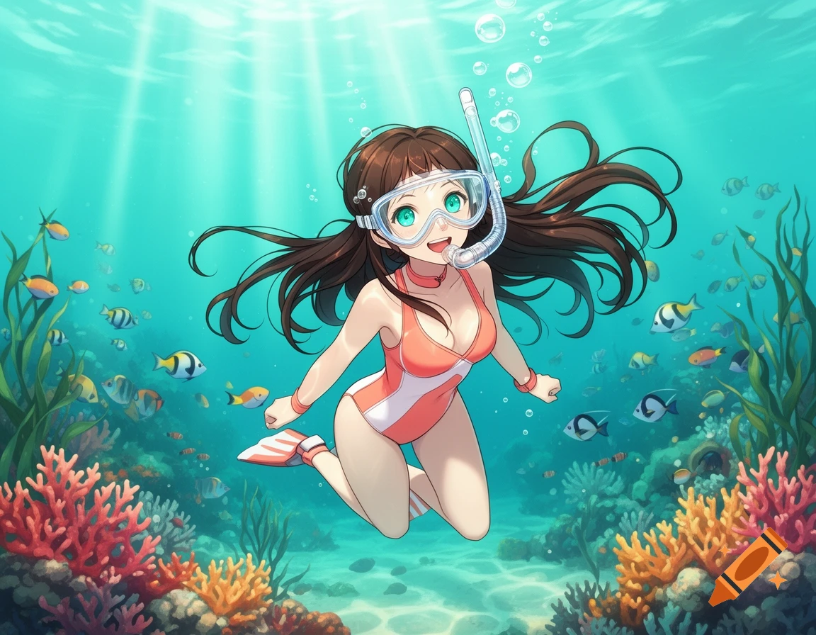 An anime style illustration of a smiling girl with brown hair snorkeling in the ocean surrounded by colorful fish and coral reefs.