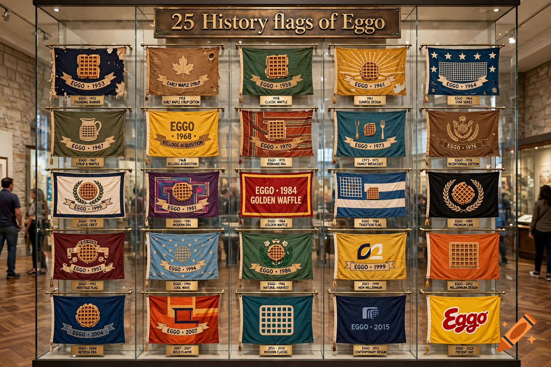 A museum display case showing 25 historical Eggo waffle flags in chronological order.