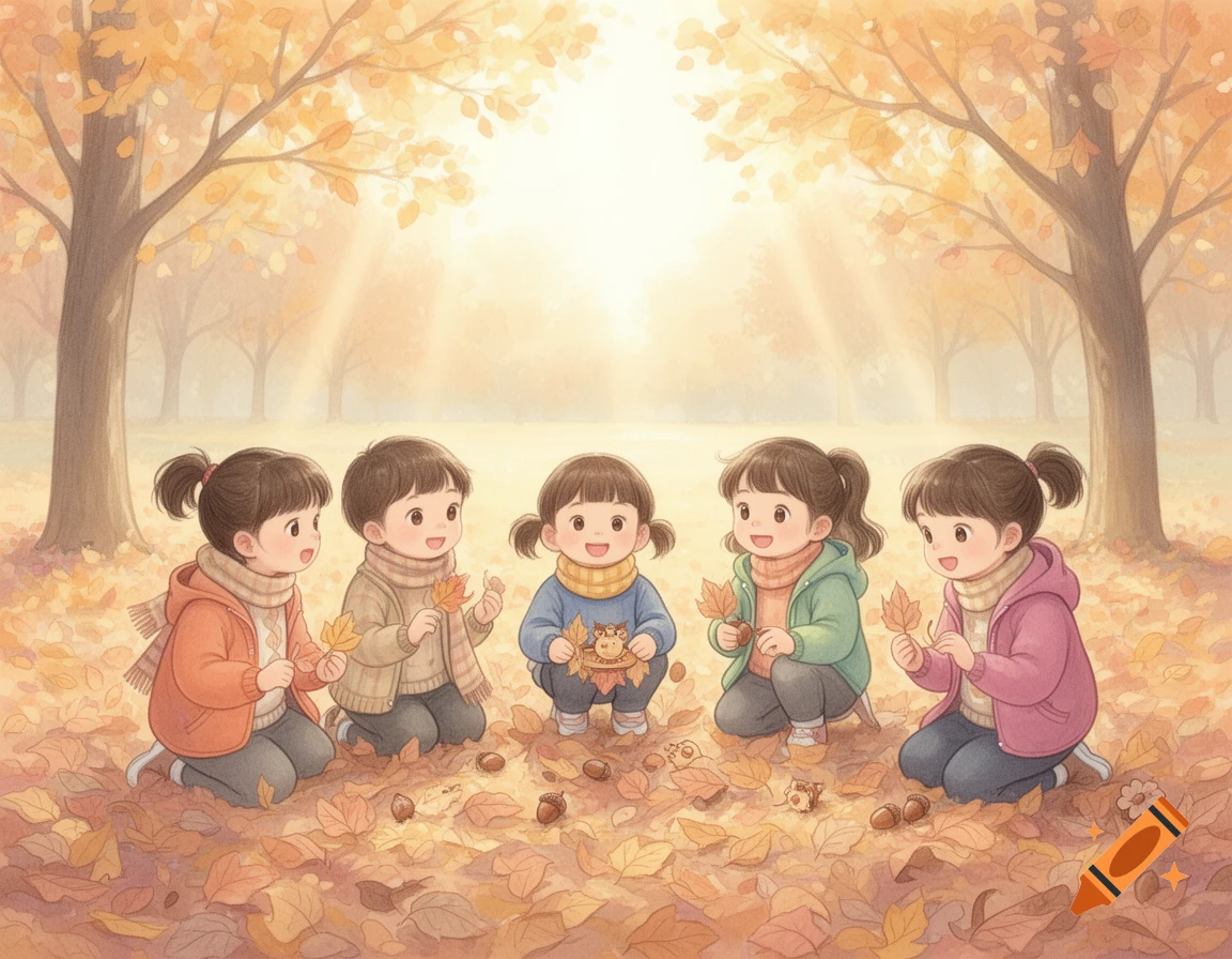 Watercolor illustration of five happy kindergarten children playing with autumn leaves and acorns in a sunny park.