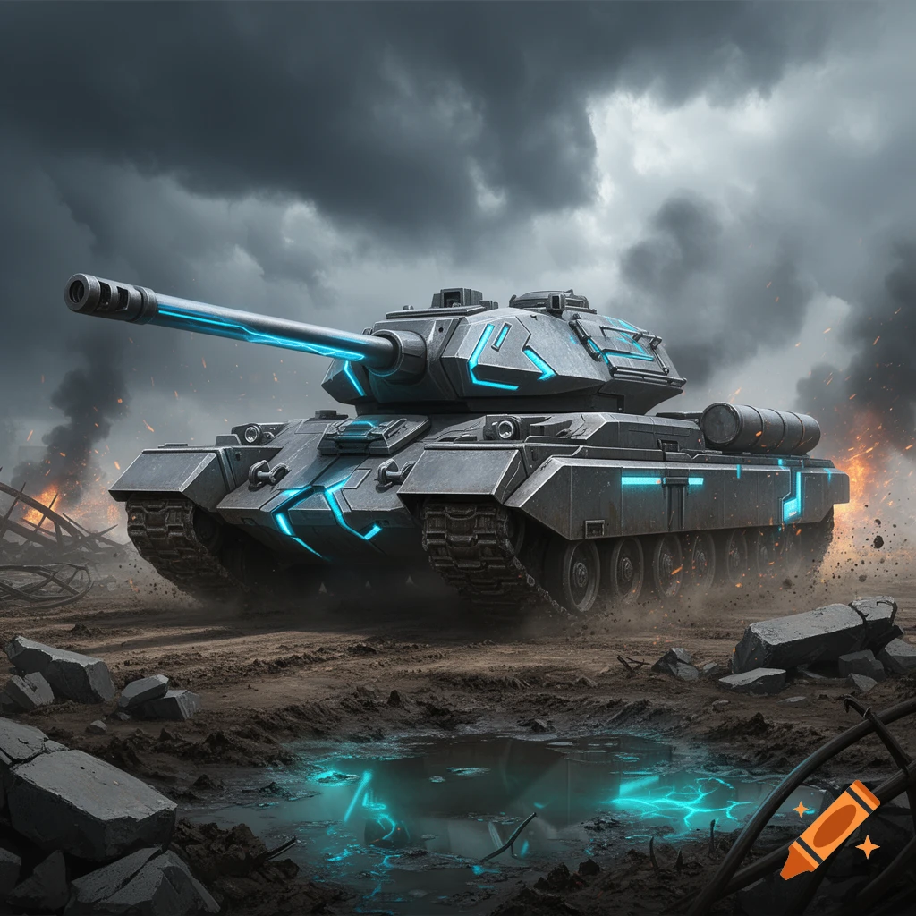 Digital art of a futuristic IS-3 Defender tank with glowing blue lights in a war-torn landscape under a stormy sky.