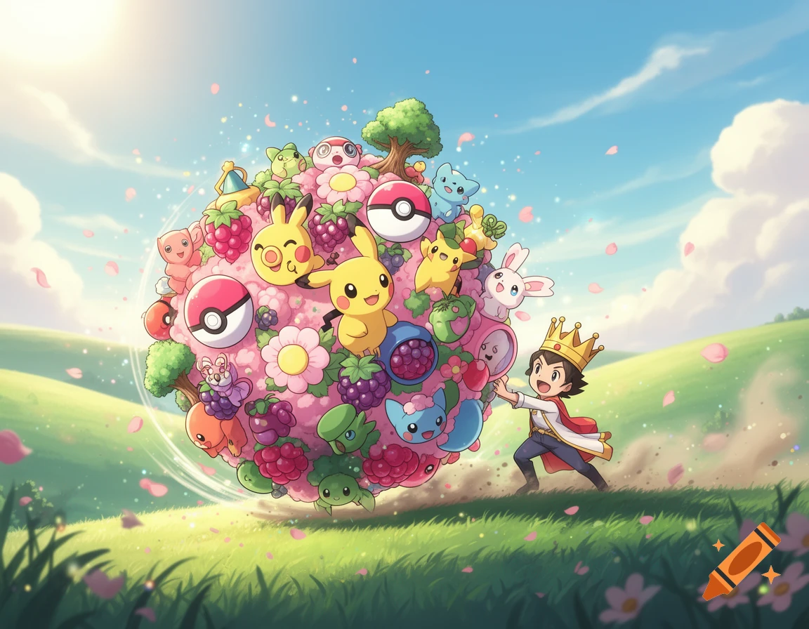 Anime style illustration of a boy wearing a crown rolling a giant ball made of pink flowers, berries, and various Pokémon characters.