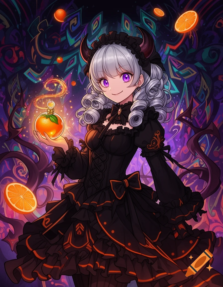Anime illustration of a devilish silver-haired girl in a black gothic dress holding a glowing orange perfume bottle.