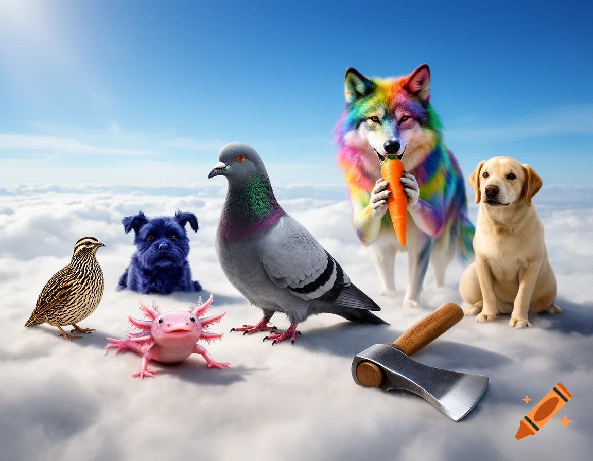 A photorealistic pigeon stands on clouds alongside a colorful rainbow wolf eating a carrot, a pink axolotl, a blue dog, a quail, an axe, and a golden lab.