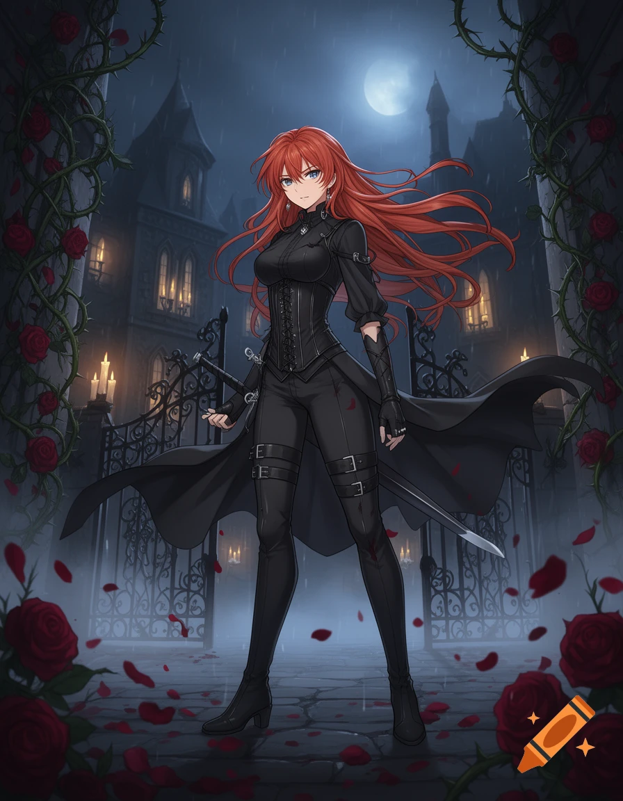 Anime style illustration of a red-haired woman in black combat gear holding a sword in front of a gothic castle at night.