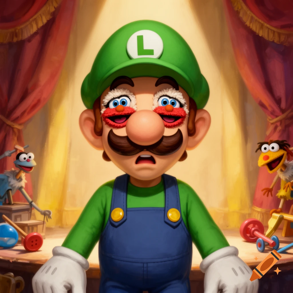 Digital painting of Luigi from Super Mario standing on a stage with Muppet faces for eyes, facing a surprised expression.