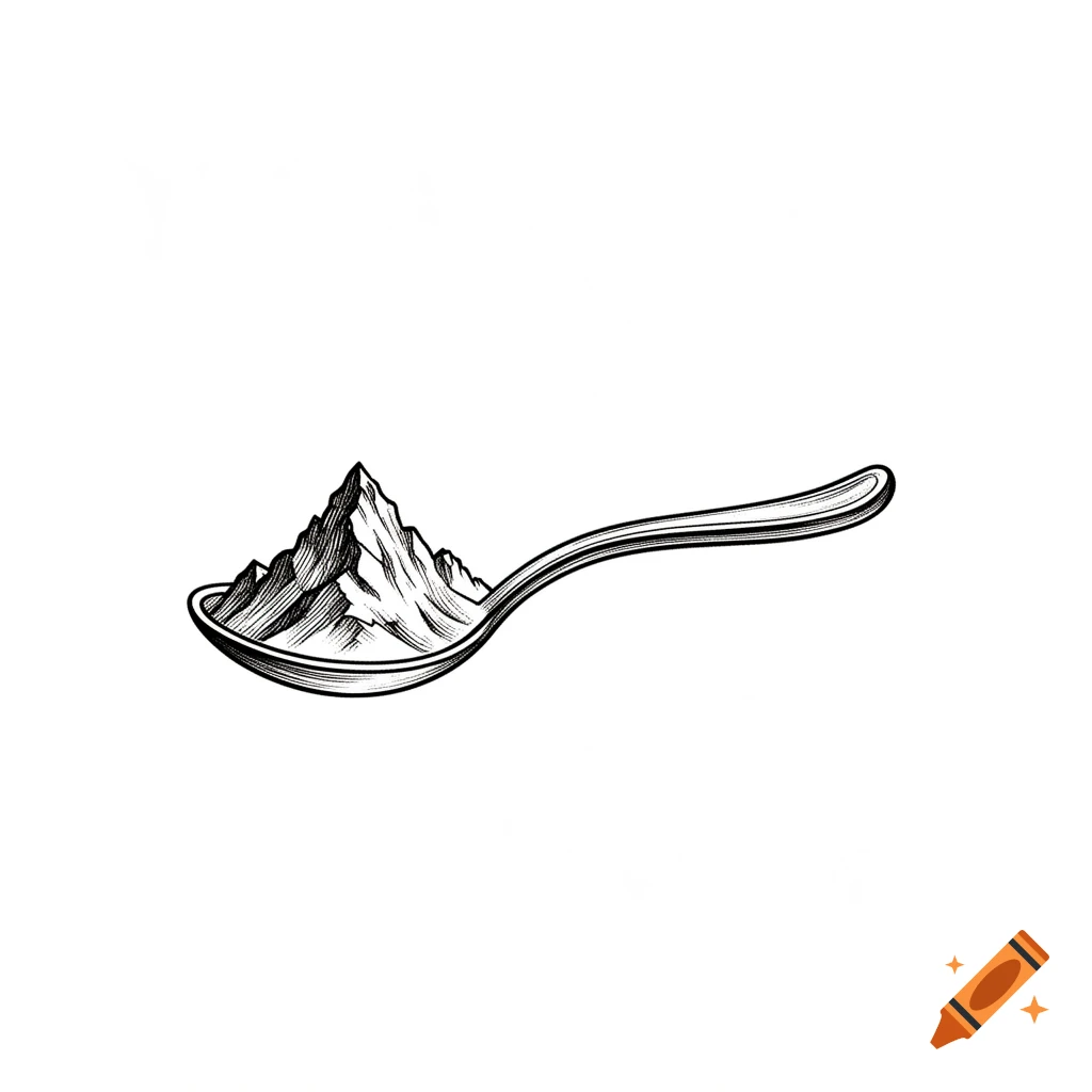 A black and white line art illustration of a mountain range resting inside a spoon.