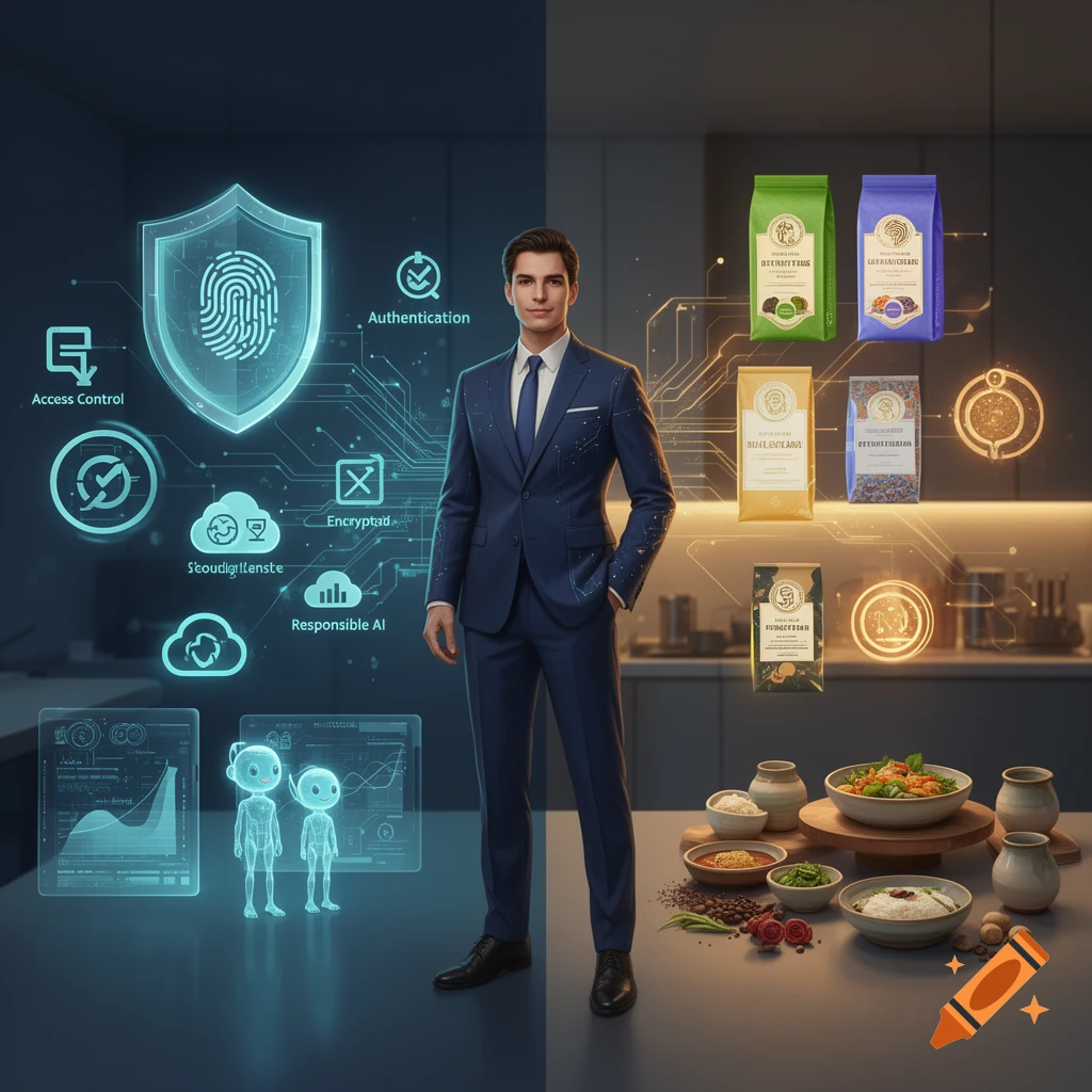 Digital illustration of a man in a blue suit standing between cyber security graphics and gourmet food branding.