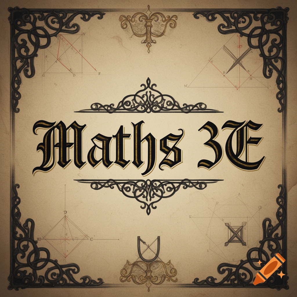 Vintage parchment background with intricate gothic border and the text Maths 3E in gothic font.