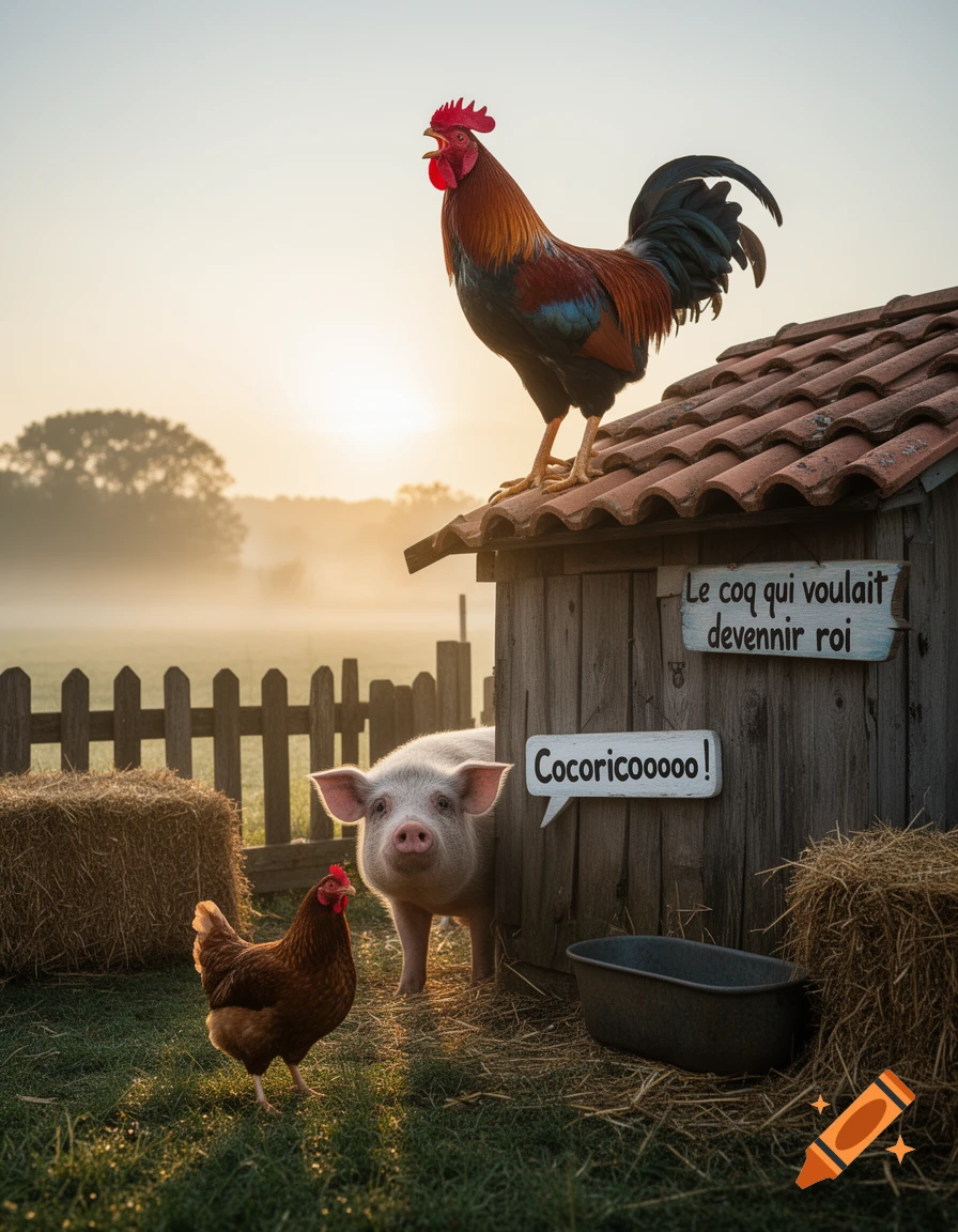 Photorealistic image of a rooster crowing on a wooden coop roof, with a pig and hen looking on in a misty farmyard at sunrise.