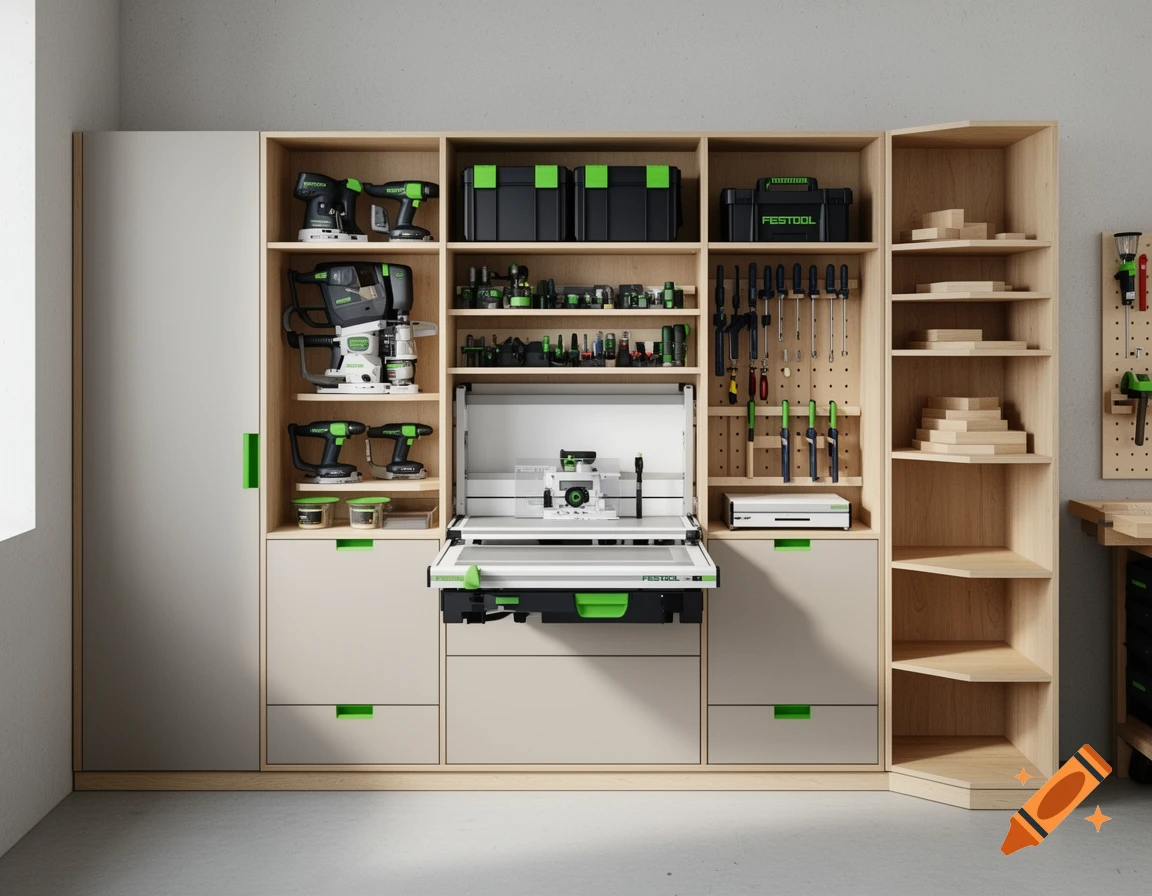 Photorealistic wall storage unit for tools with a foldable router table in the middle and open corner shelves on the right.