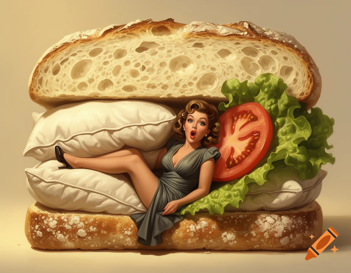 Mid-century vintage pinup style illustration of a glamorous woman reclining inside a massive sandwich.