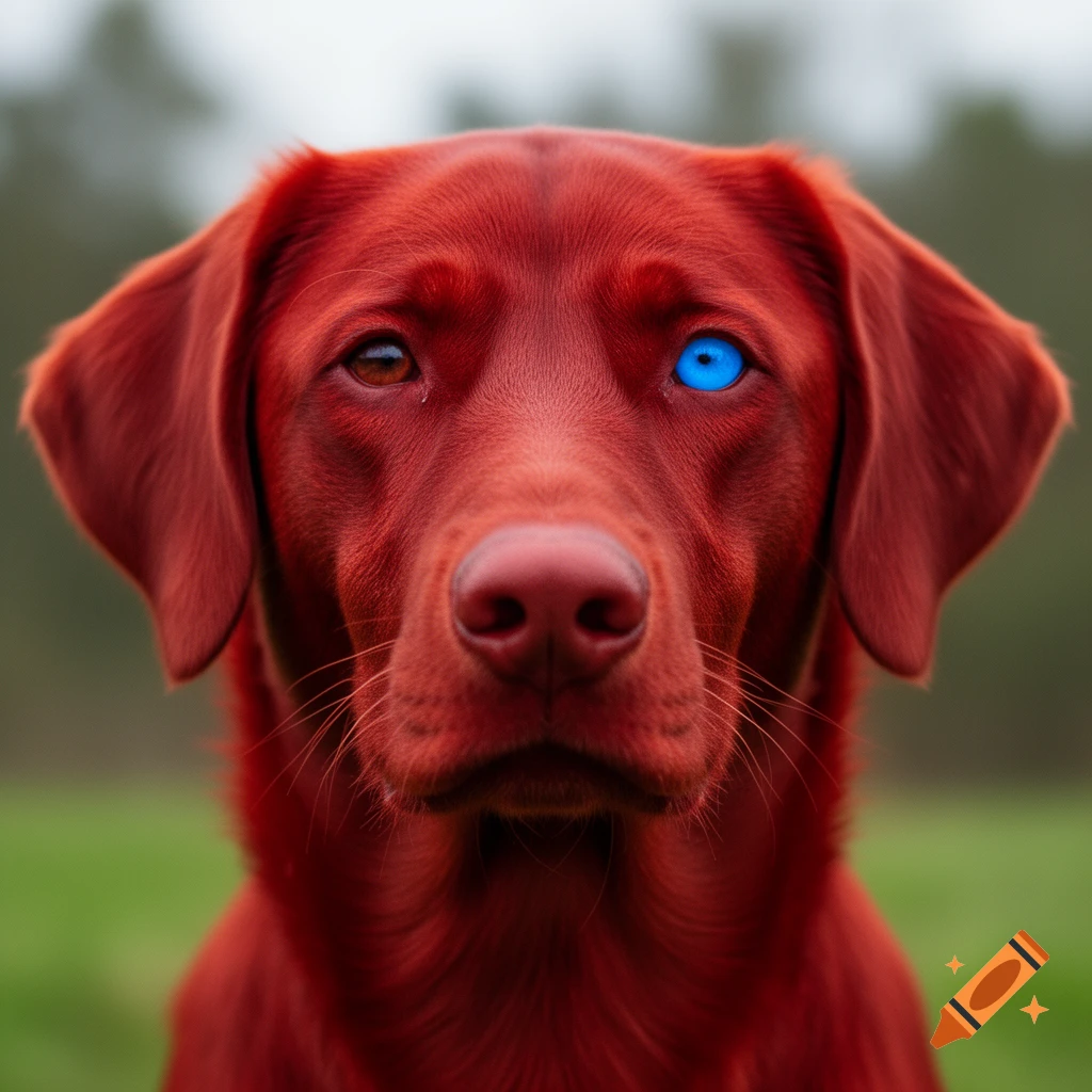 Close-up photorealistic portrait of a red dog with heterochromia, one brown eye and one striking blue eye, facing forward.
