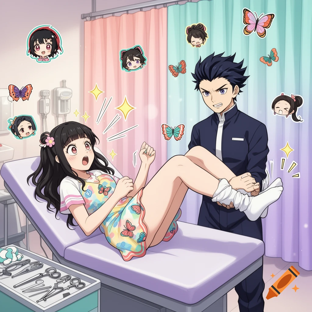 Anime style illustration of a girl lying on a medical examining table while a boy holds her legs up, surrounded by butterflies.