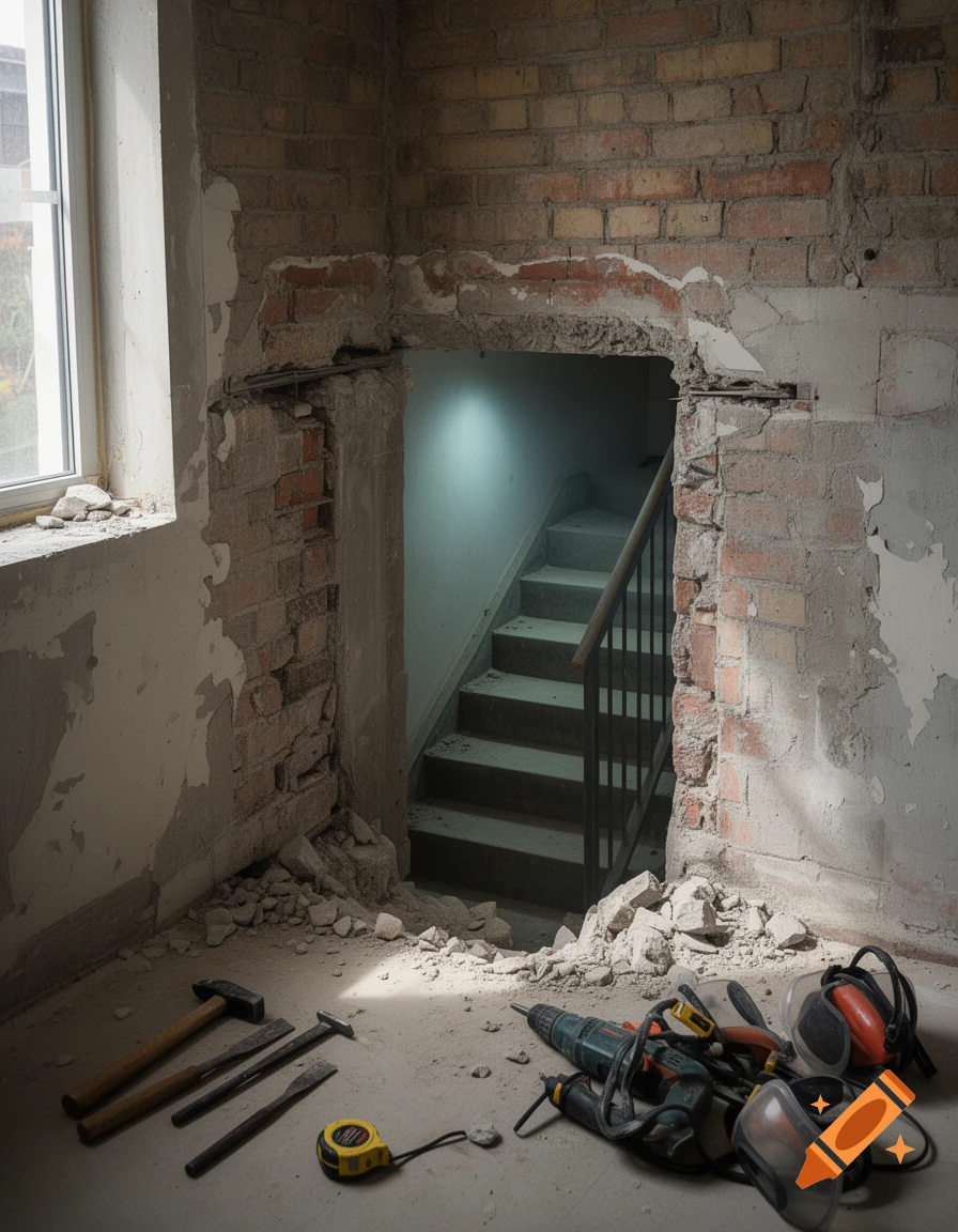 Photorealistic interior view of a room during renovation with a newly broken doorway showing stairs and tools on the floor.