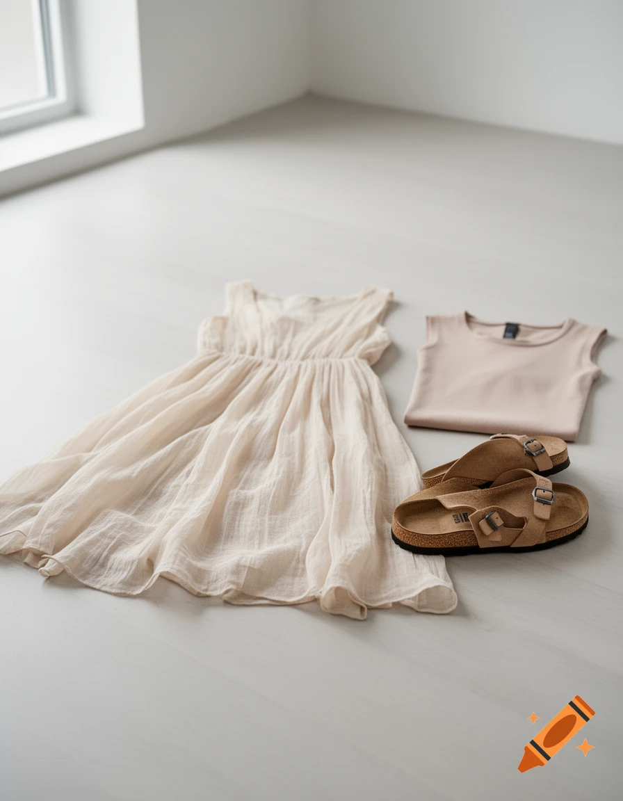 Photorealistic flat lay of a light beige summer dress, a matching top, and brown Birkenstock sandals on a light wooden floor.