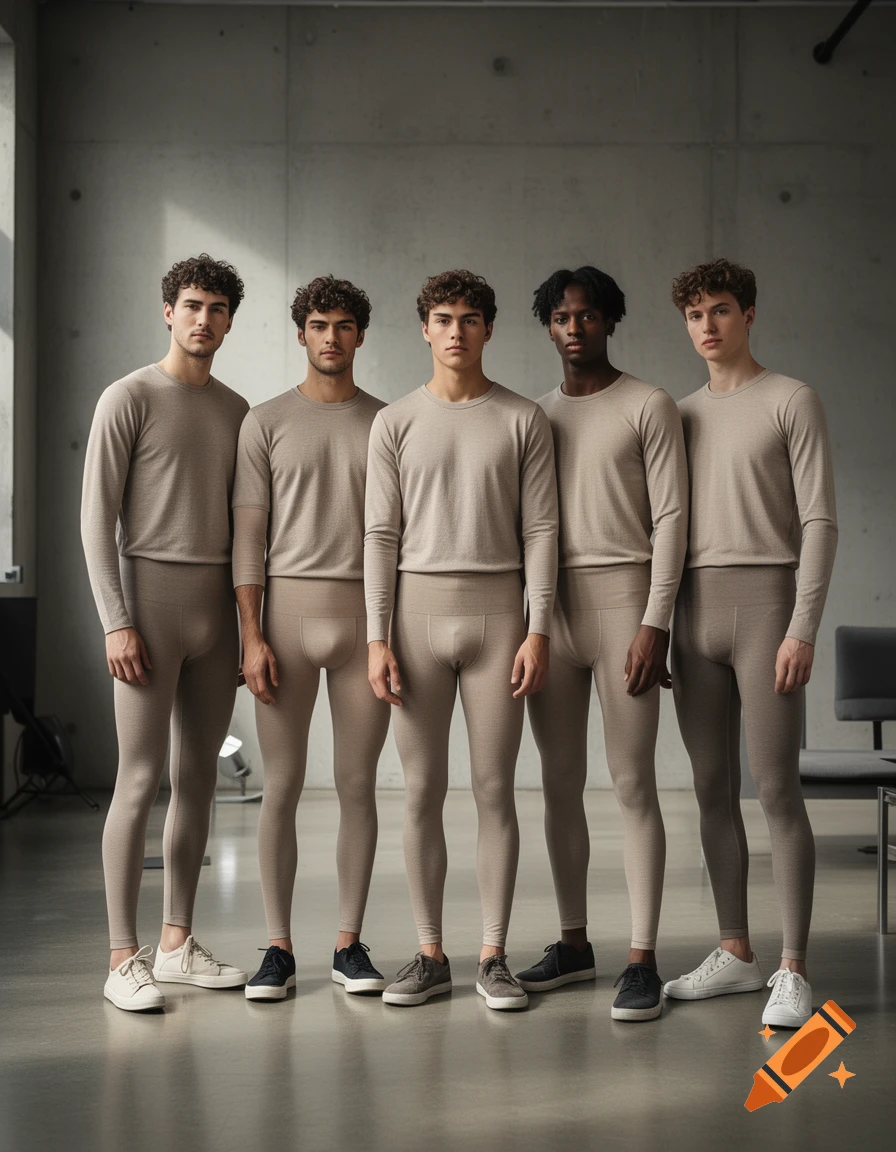 Photorealistic image of five young men standing in a row wearing matching beige long-sleeve shirts and leggings against a concrete wall.