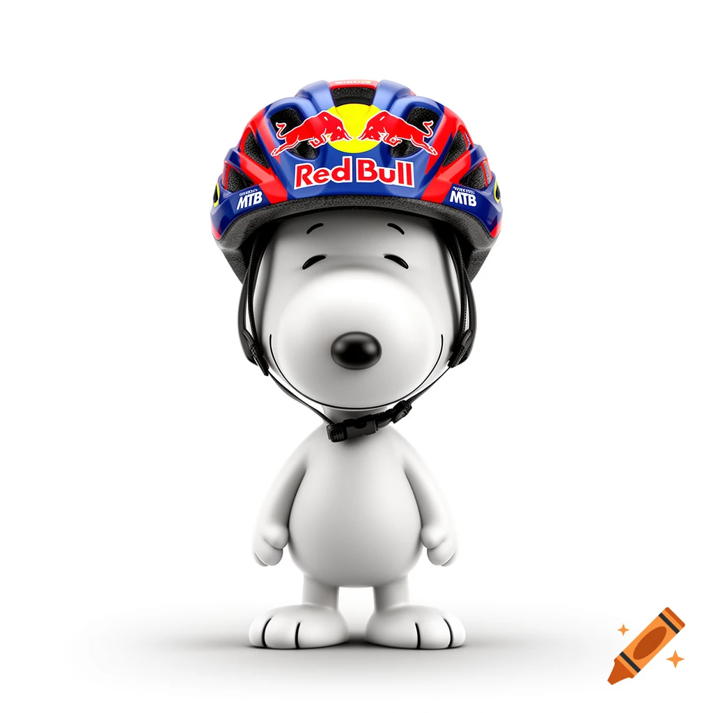 3D render of Snoopy standing with a Red Bull motorcycle helmet against a white background.