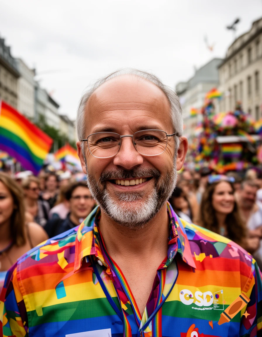 Close-up photorealistic portrait of a middle-aged man with glasses and a rainbow shirt at a pride parade.