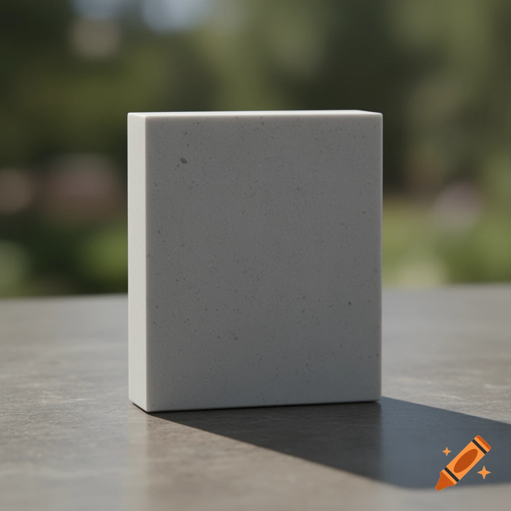 A photorealistic solid rectangular block sitting on a surface with a soft-focus background.