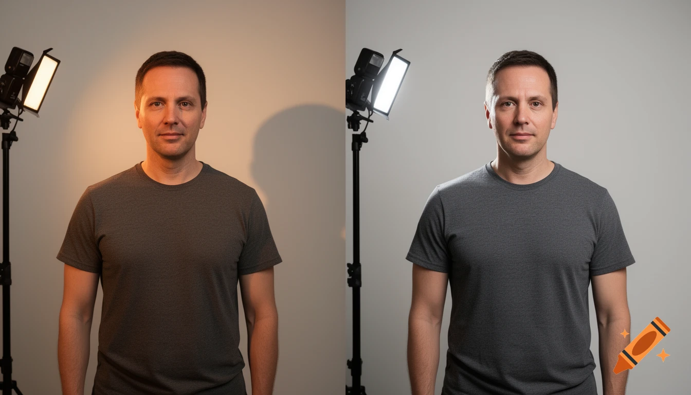 Split-screen photorealistic studio portrait comparison of a man, showing different lighting setups with and without background shadows.