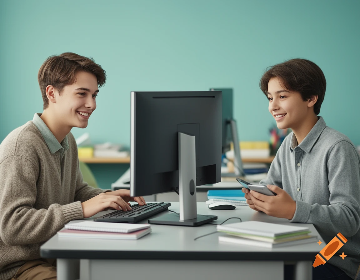 Two young boys sitting at a desk with a computer and smartphone, smiling, realistic style