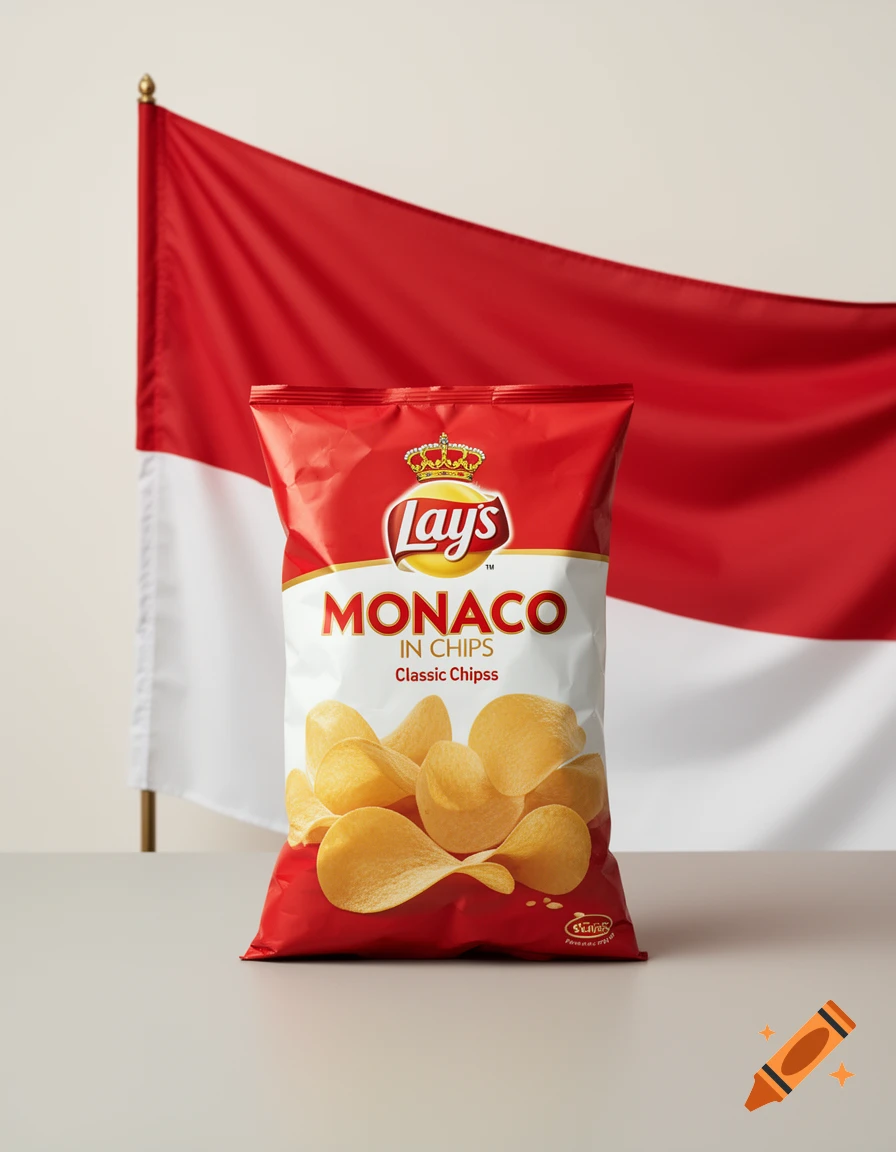 A bag of Lay's potato chips labeled MONACO IN CHIPS set against an Indonesian flag background.