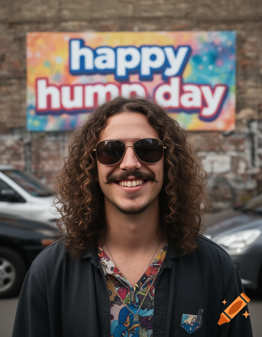 Photorealistic portrait of Oliver Tree smiling, wearing sunglasses and a patterned shirt, with a colorful "happy hump day" sign in the background.