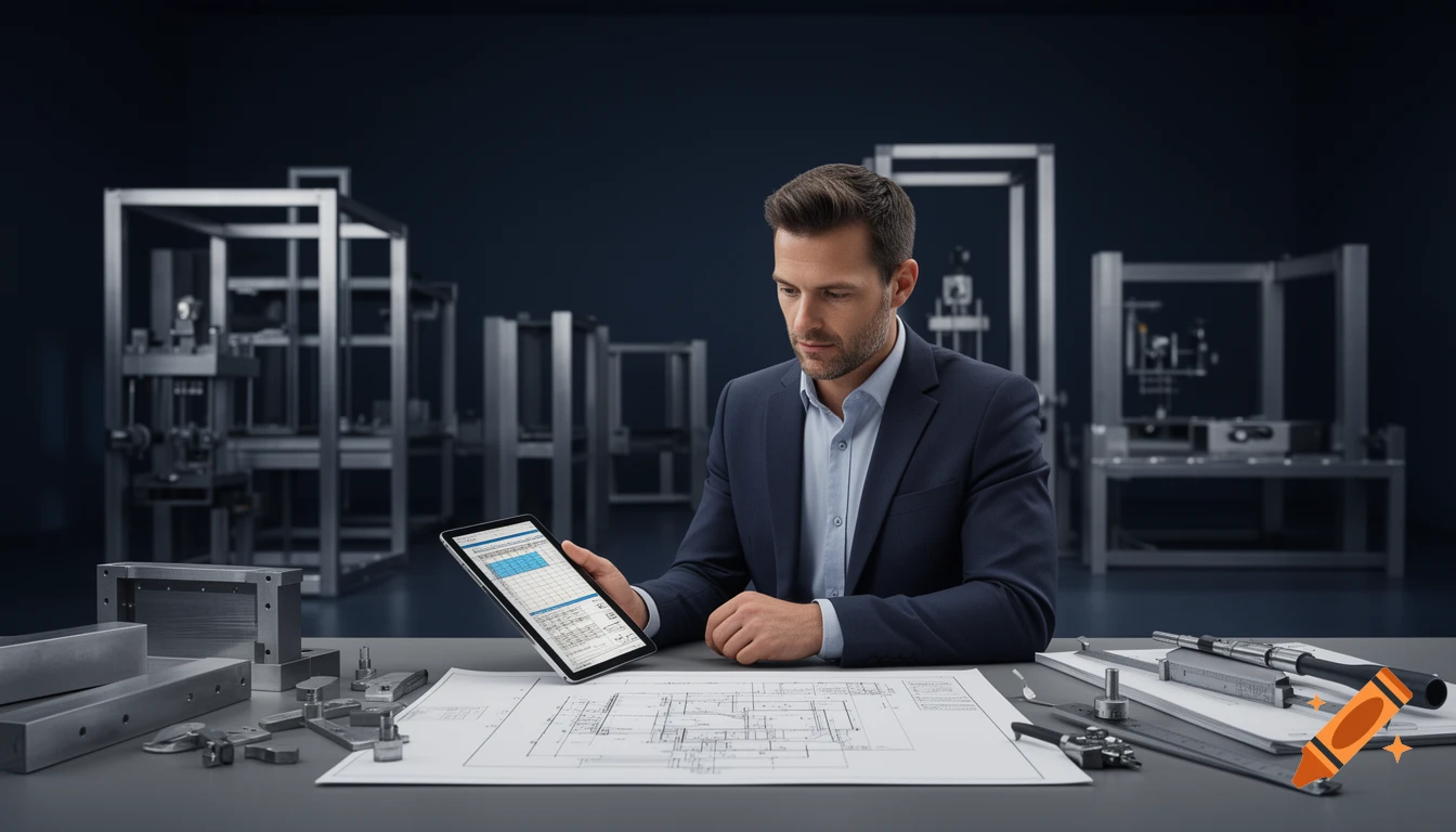 An industrial engineer in a modern suit examining blueprints and a tablet in a high-tech manufacturing environment.
