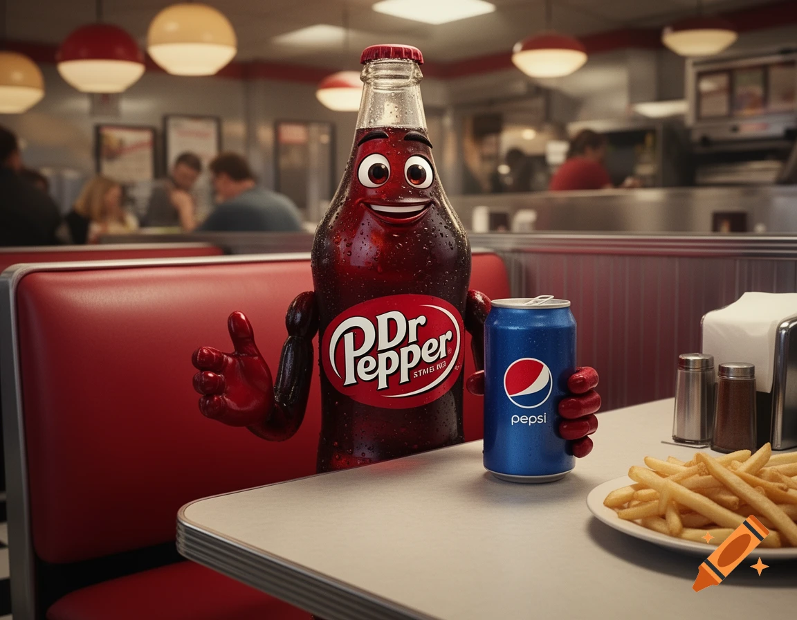 An anthropomorphic Dr Pepper bottle with a smiling face holds a can of Pepsi at a diner booth.