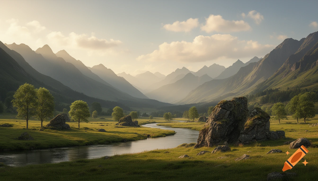 Photorealistic landscape of a lush green valley with a winding river, rocky outcrops, and mountains in the background under a soft morning sky.