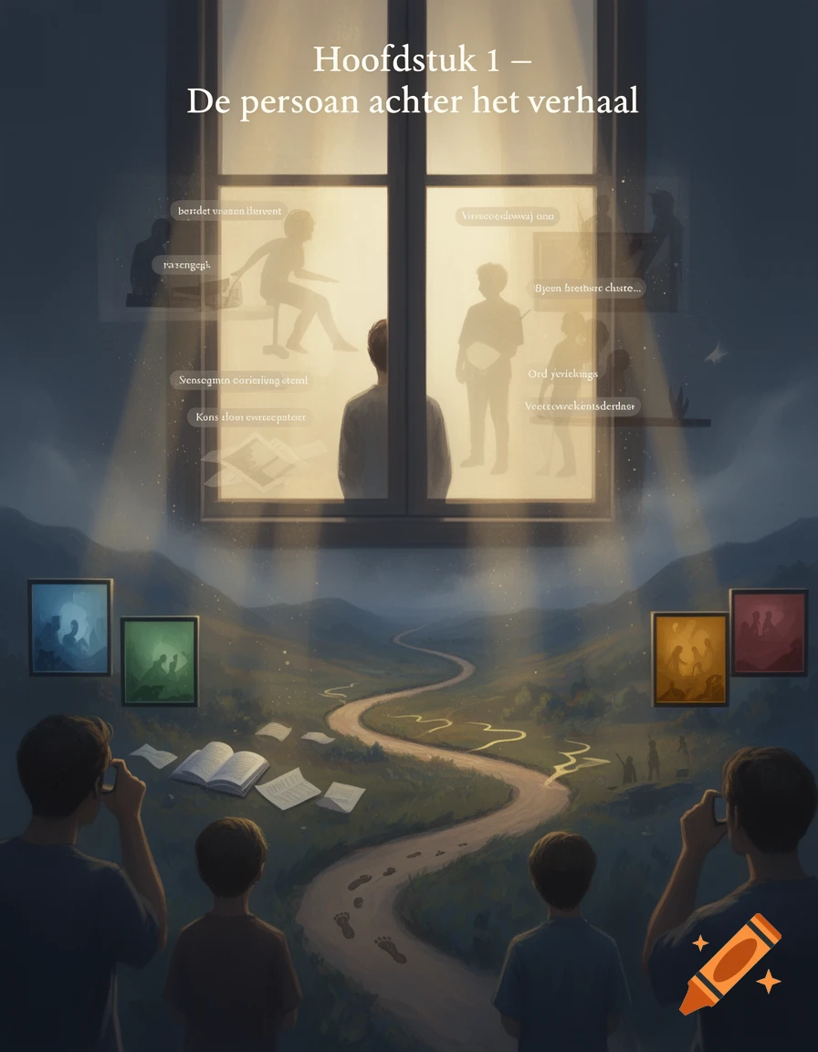 Illustration of four people looking through a glowing window at silhouettes and memories, overlooking a winding path through mountains.