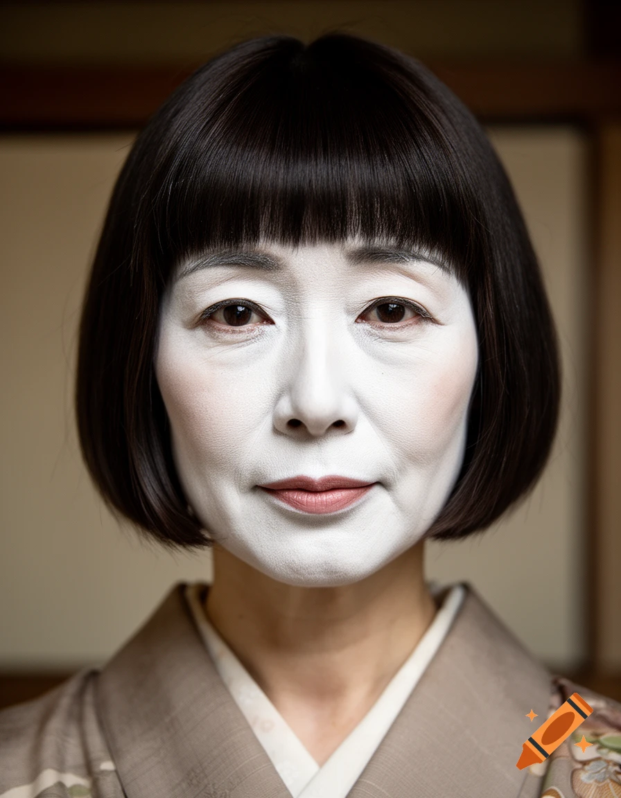 Close-up portrait of a Japanese woman in her 40s wearing traditional white face makeup and a bob haircut, photorealistic.