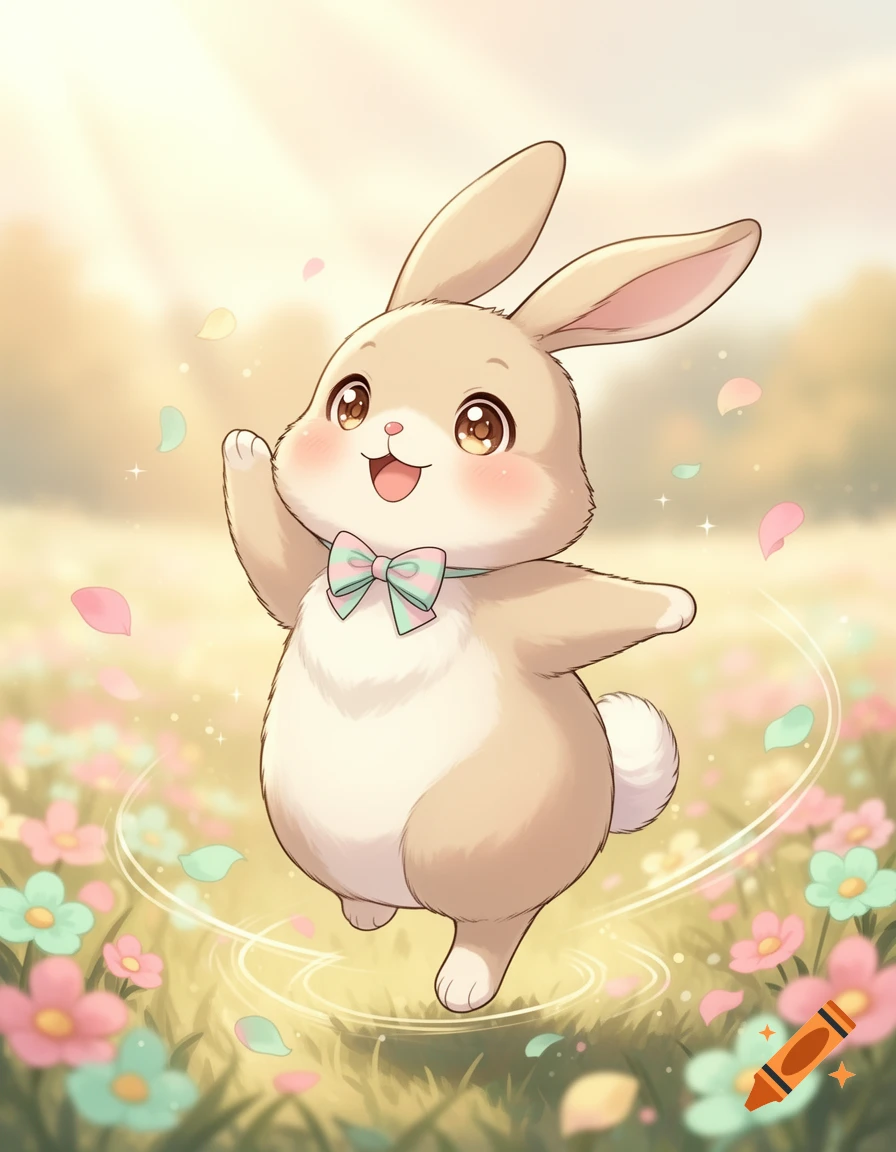 Cute cartoon rabbit dancing joyfully in a field of colorful flowers, anime style.
