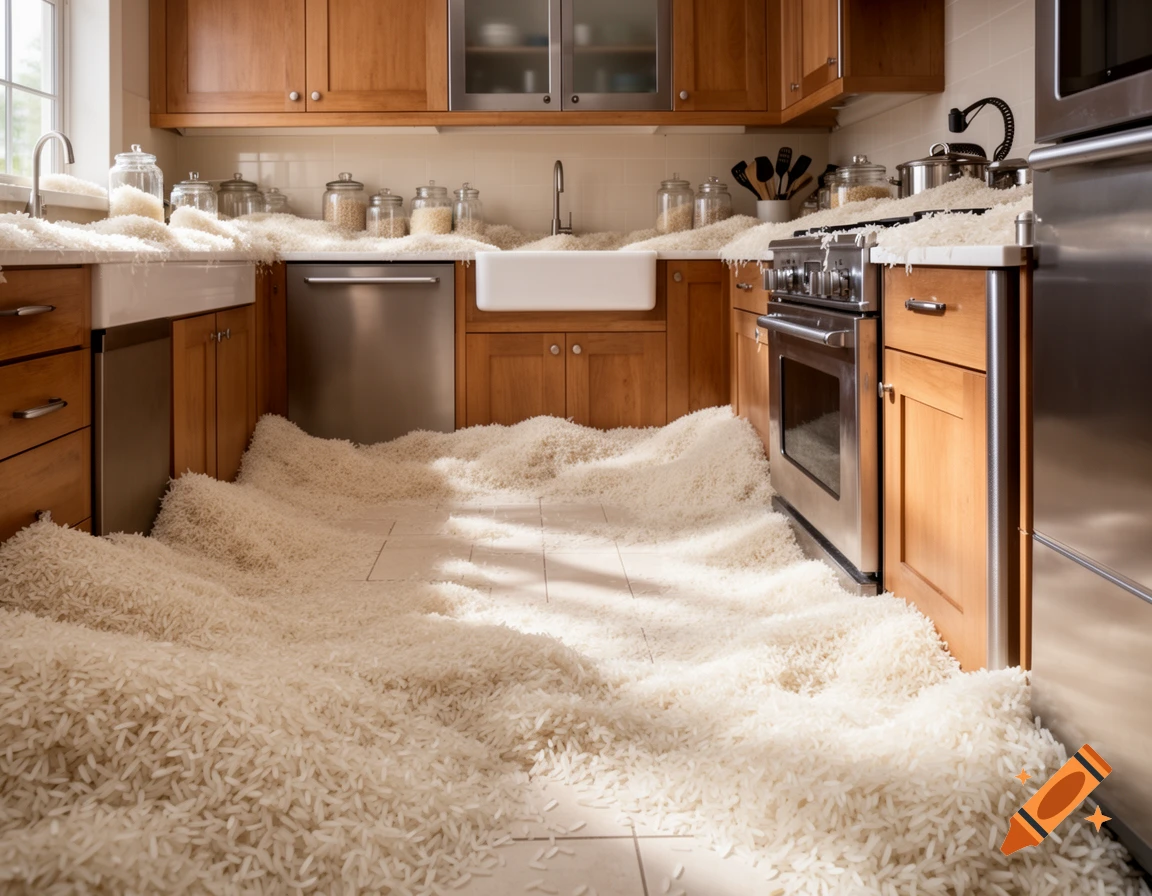 A photorealistic kitchen with counters, floor, and cabinets overflowing with white uncooked rice.