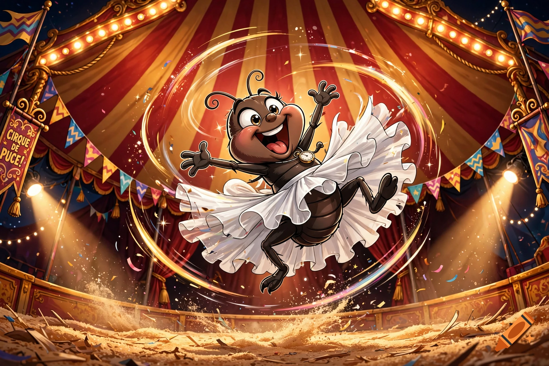 Cartoon illustration of a funny acrobat flea wearing a white tutu inside a circus tent.