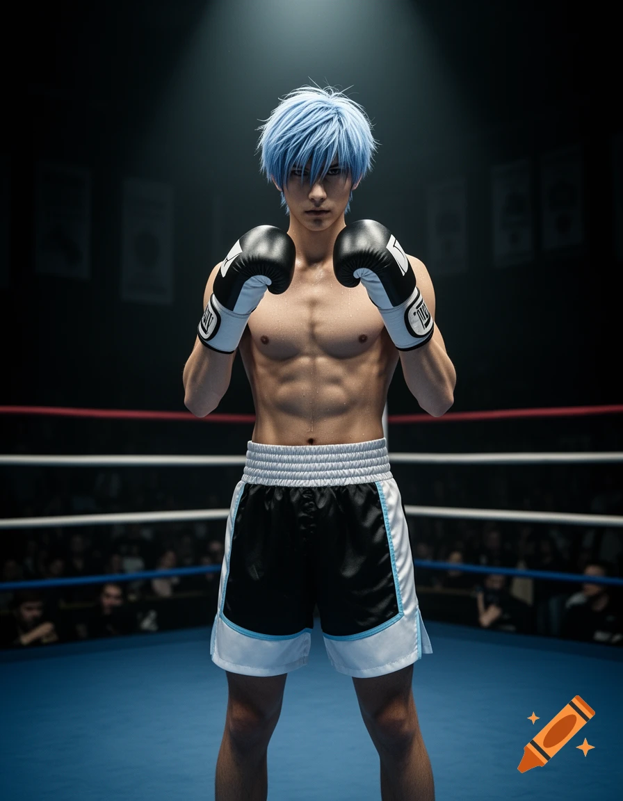 Photorealistic full-body portrait of a young male boxer with light blue hair, standing in a boxing ring with black and white shorts.