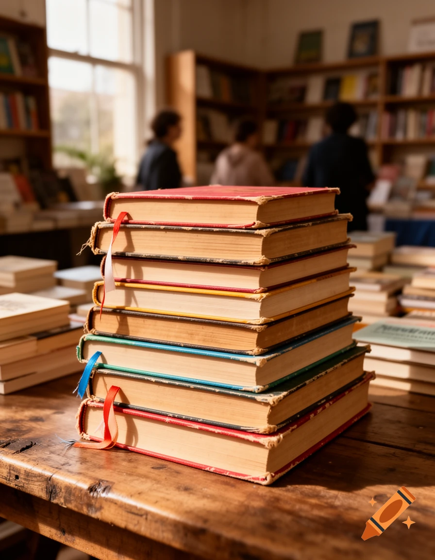 A stack of vintage hardcover books with colorful bookmarks on a wooden table in a bookstore.
