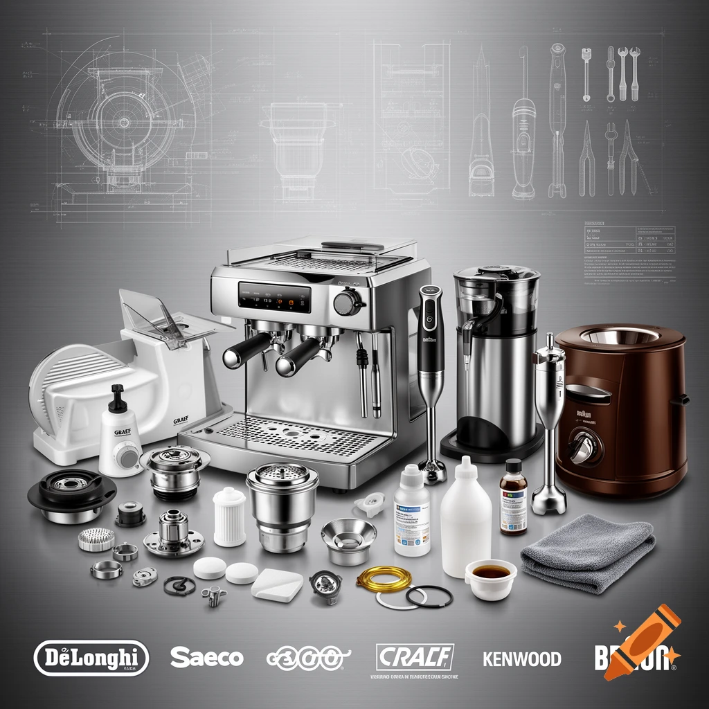Commercial photograph of various coffee machines, spare parts, cleaning supplies, and brand logos on a metallic surface.