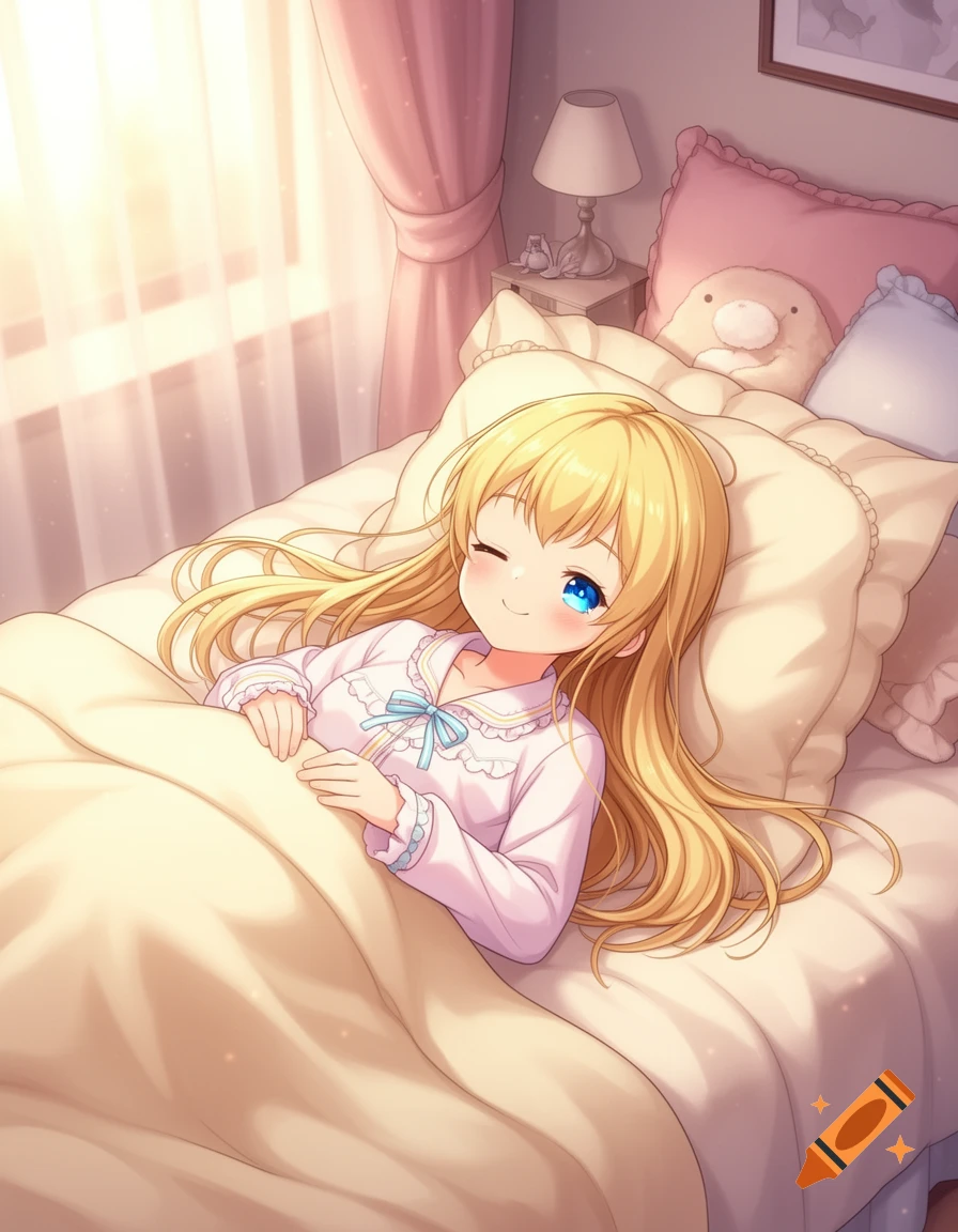Cute anime girl with blonde hair and blue eyes laying in bed under a blanket in a sunny bedroom.
