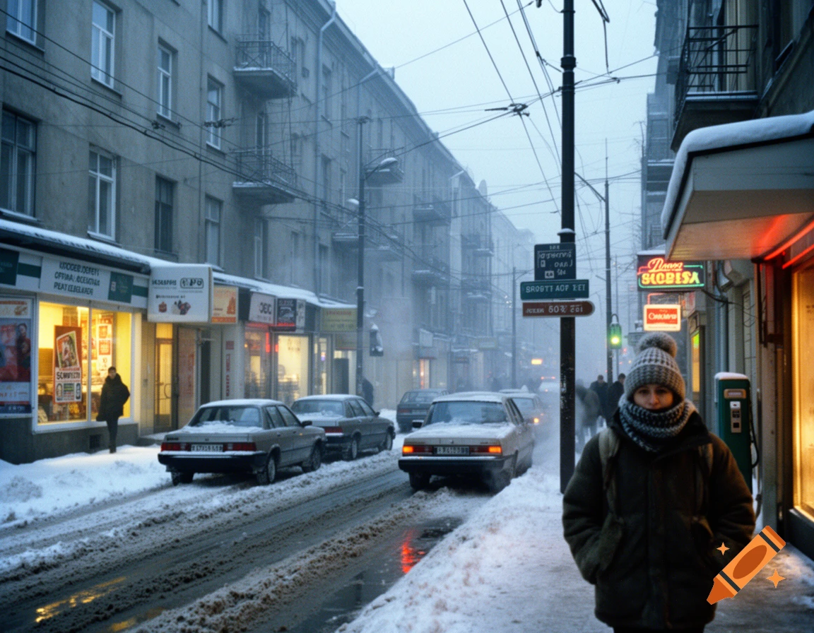 Photorealistic winter street scene in a European city during the 1990s with snow, cars, and a bundled-up pedestrian.