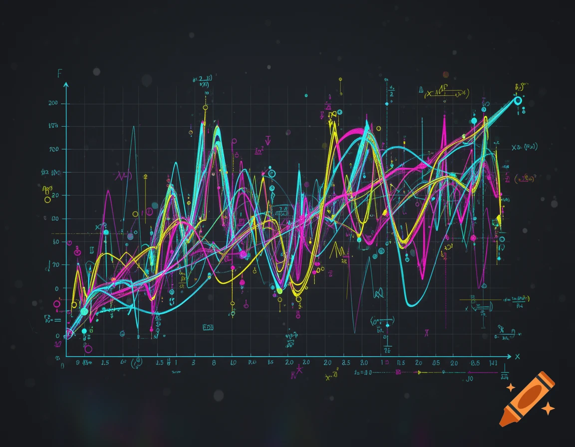 A complex, chaotic line chart with colorful intersecting curves and axis labels against a dark background.