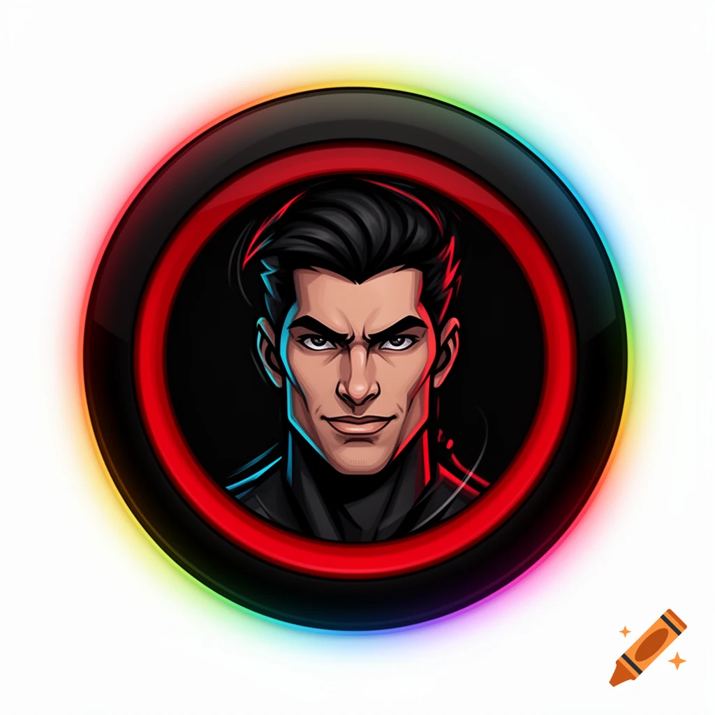 Digital illustration of a man with dark hair inside a red and black circular glowing frame.